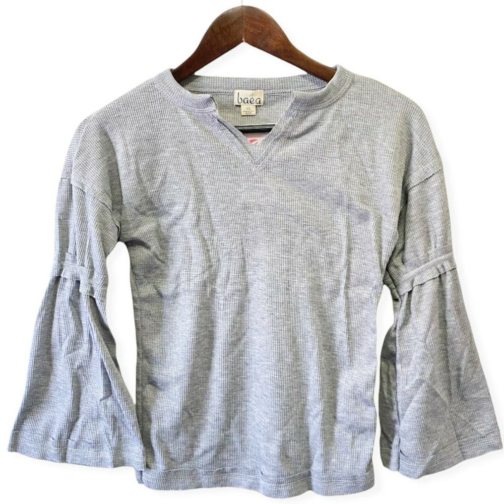 Baea Los Angeles Women's Sz XS/ L Thermal Boho Flare Long Sleeve V-Neck Top Gray